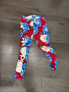 adidas Red Leggings with Blue and Cream Floral Print